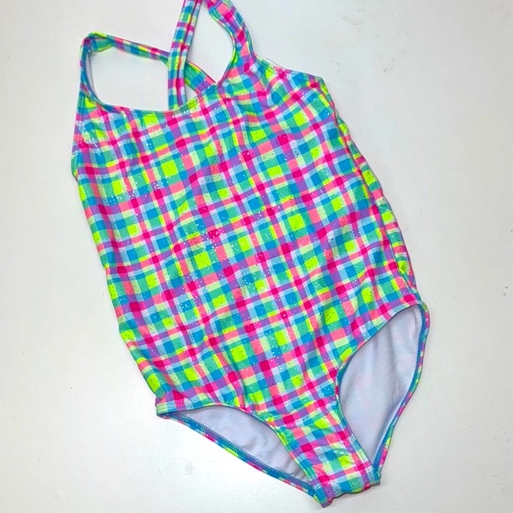 🔥btween Kids Swim One Piece - Multicolor Plaid girls kids  Sz 10 New - Picture 1 of 7